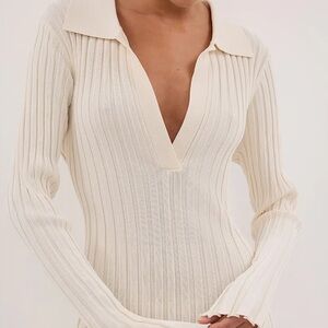 Loulou Studio Ribbed V-Neck Knit Dress in Cream
